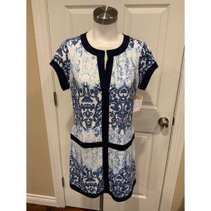 BCBG Max Azria "Daly" Blue & White Floral Print Shift Dress, Size M NWT